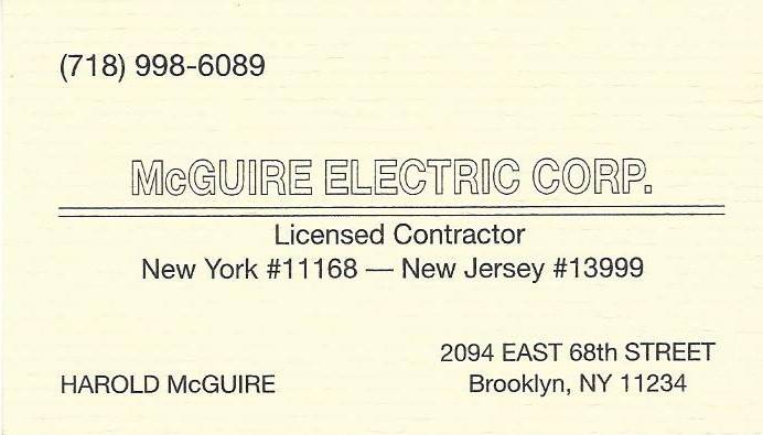 McGUIRE ELECTRIC CORP. | 2094 E 68 St, Brooklyn, NY 11234, USA | Phone: (718) 998-6089