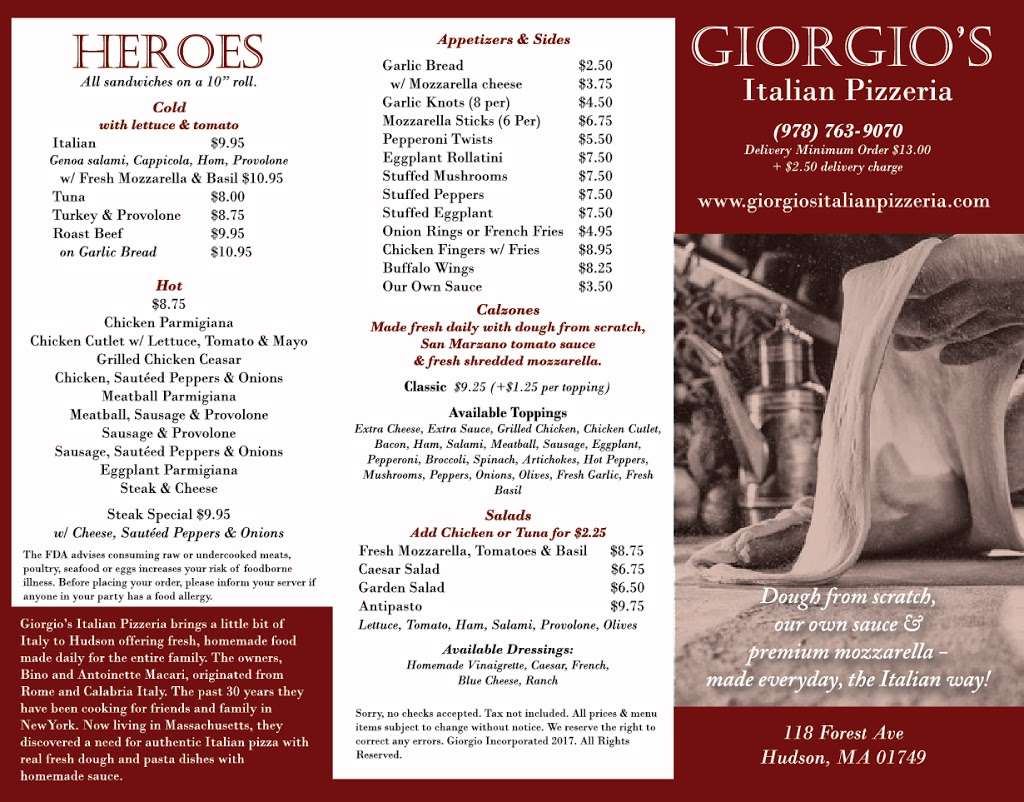 Giorgios Italian Pizzeria | 2858, 118 Forest Ave, Hudson, MA 01749, USA | Phone: (978) 763-9070