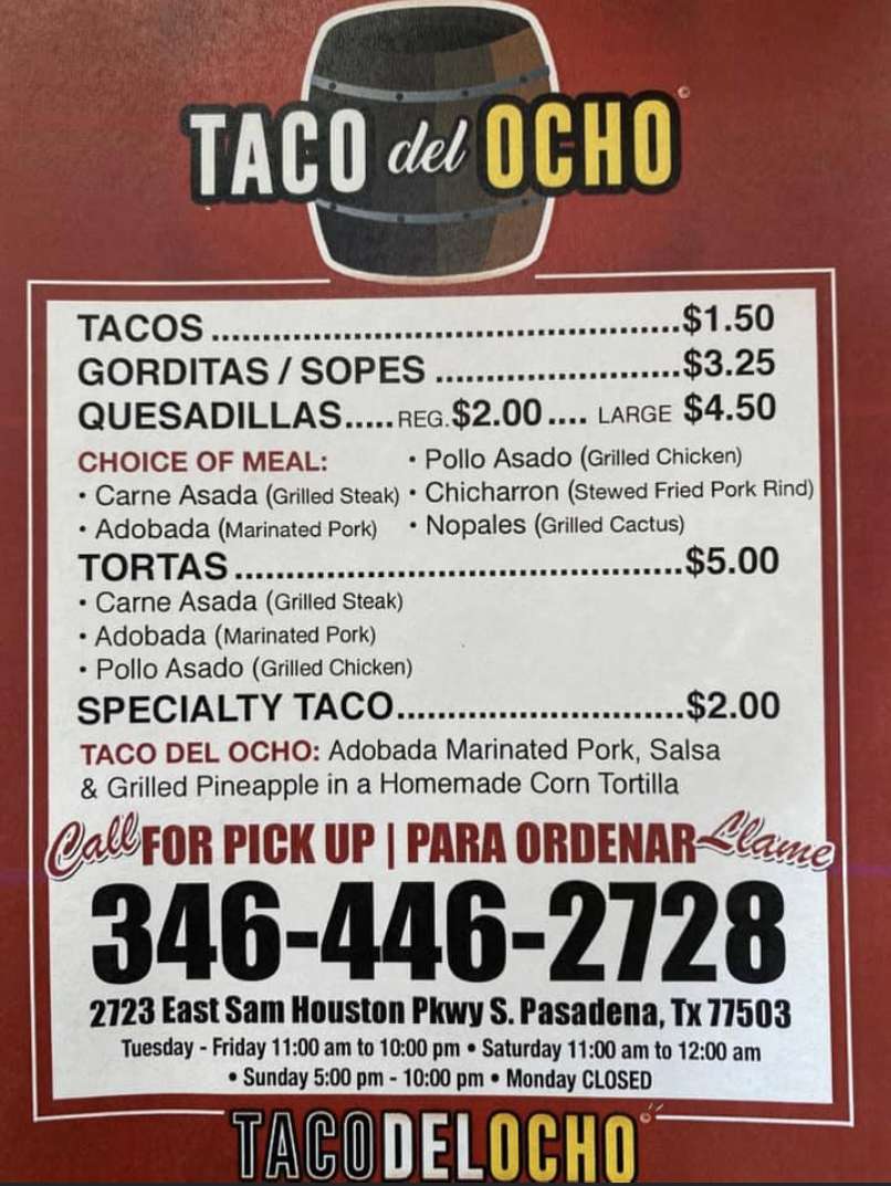 Taco Del Ocho | 2723 East Sam Houston Pkwy S, Pasadena, TX 77503, USA | Phone: (346) 446-2728