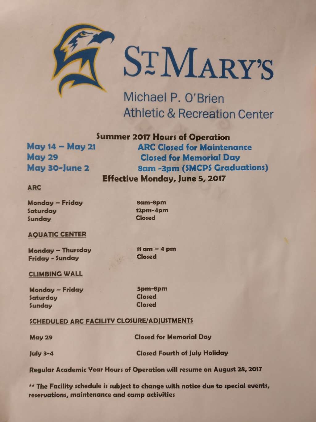 Michael P. O’Brien Athletics and Recreation Center (MPOARC) | 19050 Hill Commons Dr, St Marys City, MD 20686, USA | Phone: (240) 895-4295