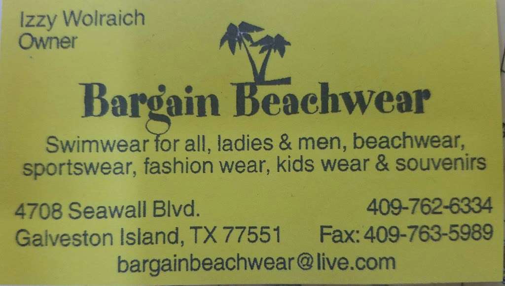 Bargain Beachwear | 4708 Seawall Blvd, Galveston, TX 77551, USA | Phone: (409) 762-6334