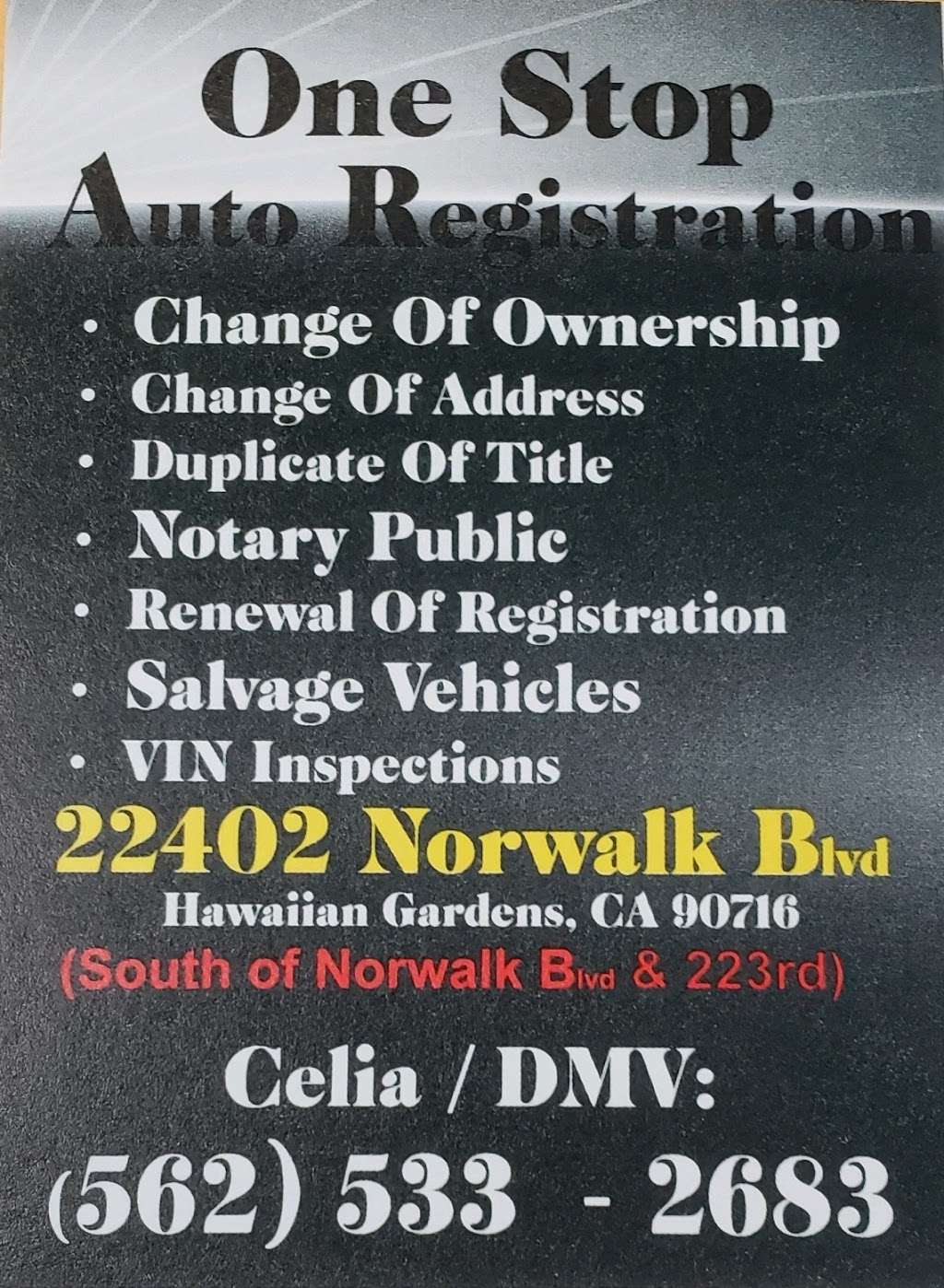 One Stop Auto Registration | 22402 Norwalk Blvd, Hawaiian Gardens, CA 90716, USA | Phone: (562) 429-8300