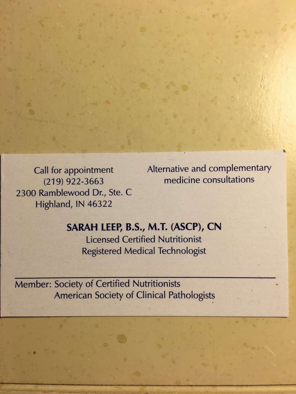 Sarah J. Leep, B.S., M.T. (ASCP), C.N. | 2300 Ramblewood Dr c, Highland, IN 46322, USA | Phone: (219) 922-3663